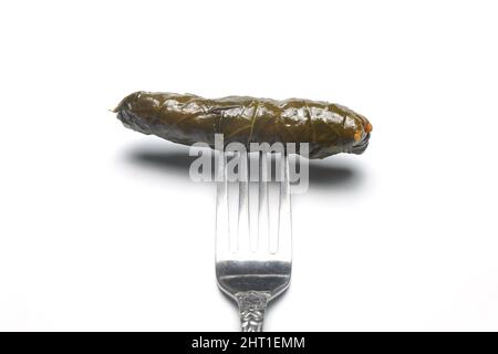 foglie d'uva farcite su una forchetta su sfondo bianco. Verande farcite di collard con foglie bollite, piatti tradizionali turchi della regione del mare nero, sarma, dolma Foto Stock