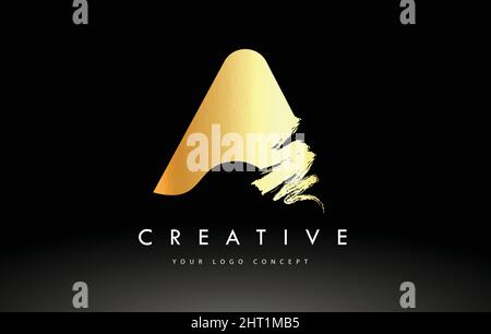 Logo Golden A Brushed Letter. Disegno lettere con pennello con disegno a tratto di pennello artistico. Illustrazione Vettoriale