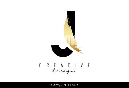 Logo lettera J con pennellatura dorata e taglio creativo. Illustrazione di Creative Vector con lettera. Illustrazione Vettoriale