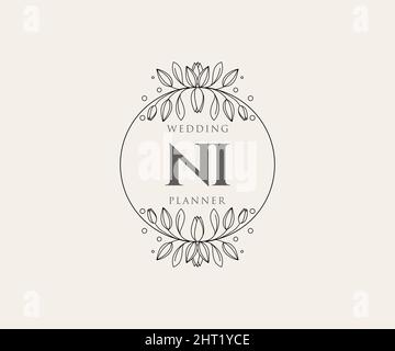 NI iniziali lettera Wedding monogramma collezione loghi, disegnati a mano moderni minimalistici e modelli floreali per carte di invito, Salva la data, elegante Illustrazione Vettoriale