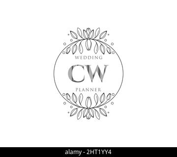 CW iniziali lettera Wedding monogramma collezione loghi, disegnati a mano moderni minimalistici e modelli floreali per carte di invito, Salva la data, elegante Illustrazione Vettoriale