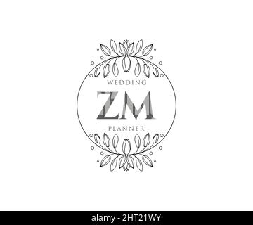 ZM iniziali lettera matrimonio monogramma collezione loghi, modelli moderni minimalisti e floreali disegnati a mano per carte di invito, Salva la data, elegante Illustrazione Vettoriale