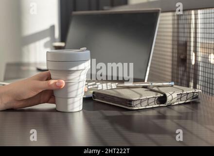 Donna che tiene la tazza da asporto e lavora su un notebook. Donna d'affari o studente seduto alla scrivania con pianificatore e computer. Pausa caffè. Foto di alta qualità Foto Stock