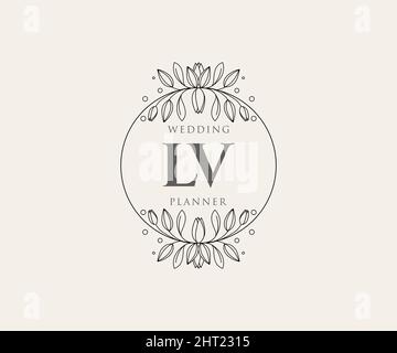 LV iniziali lettera matrimonio monogramma collezione loghi, disegnati a mano moderni minimalistici e modelli floreali per carte di invito, Salva la data, elegante Illustrazione Vettoriale