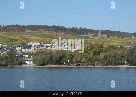 Vista di Rüdesheim am Rhein con St. Hildegard nel Rheingau, Assia, Germania Foto Stock