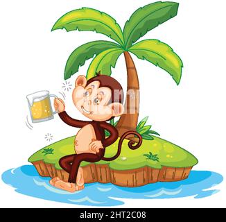Personaggio di scimmia ubriaco su un'isola isolata Illustrazione Vettoriale