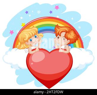 Angelo ragazzo e ragazza a cuore rosso con illustrazione arcobaleno Illustrazione Vettoriale