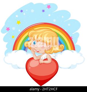 Angel ragazza che tiene rosso il cuore su arcobaleno sfondo illustrazione Illustrazione Vettoriale