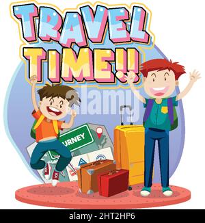 Logo tipografico del tempo di viaggio con illustrazione dei personaggi cartoni animati dei viaggiatori Illustrazione Vettoriale