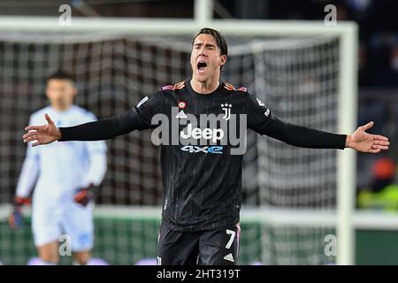 Stadio Carlo Castellani, Empoli, Italia, febbraio 26, 2022, Delusione di Dusan Vlahovic (Juventus FC) durante Empoli FC vs Juventus FC - Serie italiana di calcio A partita Foto Stock