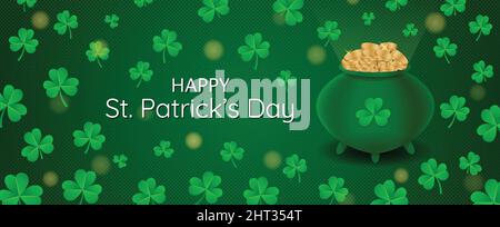 Felice illustrazione vettoriale del Banner Flyer del giorno di San Patrizio. Intestazione del sito Web. Shamrock con monete d'oro pentola su sfondo verde scuro Illustrazione Vettoriale