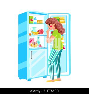 Donna affamata guardando il cibo in frigorifero Vector Illustrazione Vettoriale