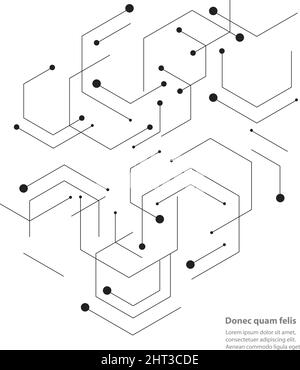 Esagoni carcassa genetica, scienza, chimica. Collegamento vettoriale e social network. Concetto con linee e punti Illustrazione Vettoriale