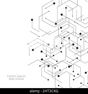 Esagoni carcassa genetica, scienza, chimica. Collegamento vettoriale e social network. Concetto con linee e punti Illustrazione Vettoriale