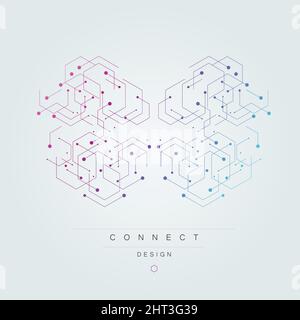 Esagoni carcassa genetica, scienza, chimica. Collegamento vettoriale e social network. Concetto con linee e punti Illustrazione Vettoriale