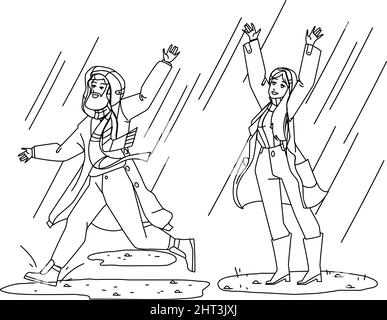 Impermeabile indossando uomo e Donna in Rainy Day Vector Illustrazione Vettoriale