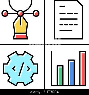 illustrazione vettoriale delle icone dei colori dei processi di progettazione, programmazione, gestione dei contenuti e analisi Illustrazione Vettoriale