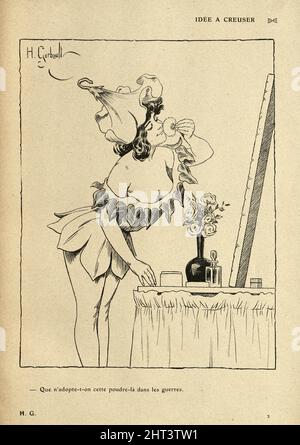 Showgirl vestito in costume di fiore che mette sul make up. Vignetta francese d'epoca di Henri Gerbault, 1900s. Idea di scavare. Perché non adottiamo questa polvere dentro Foto Stock
