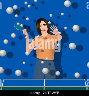 Una donna che gioca a ping-pong è sopraffatta da molte palle da ping pong che vengono a lei in una volta. Questa è un'illustrazione di 3-d circa essere sopraffatti. Foto Stock