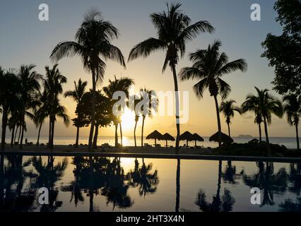 Silhouette di palme sulla spiaggia al tramonto nell'isola tropicale di Cozumel, Caraibi messicani Foto Stock