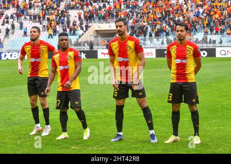 Tunisi, Tunisia. 31st maggio 2020. SabIR Bougrin, Anayo Iwualo, Mohamed Ali ben Romdhane e Rached Arfaoui sono visti durante la partita di calcio CAF Champions League 2021- 22 tra Esperance sportiva Tunisia e …toile Sportive du Sahel a Rades. (Punteggio finale: Esperance sportive 0:0 …toile Sportive du Sahel) Credit: SOPA Images Limited/Alamy Live News Foto Stock