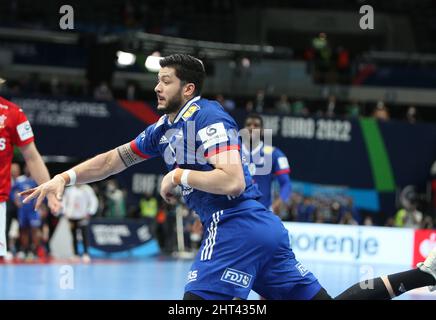 Nicolas Tournat di Francia si riscalda prima della partita di pallamano EHF Men's Euro 2022, Placement Match 3/4 tra Francia e Danimarca il 30 gennaio 2022 presso la Budapest Multifunctional Arena di Budapest, Ungheria - Foto Laurent Lairys / DPPI Foto Stock