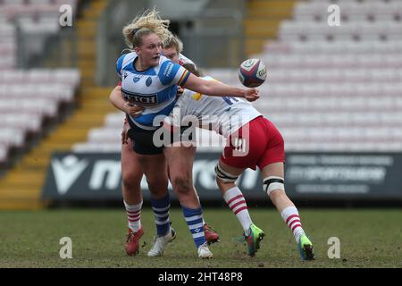 DARLINGTON, REGNO UNITO. FEBBRAIO 26th Cara Cookland di Durham Mowden Park Sharks in azione durante la partita FEMMINILE ALLIANZ PREMIER 15S tra DMP Durham Sharks e Harlequins alla Northern Echo Arena di Darlington sabato 26th febbraio 2022. (Credit: Mark Fletcher | MI News) Credit: MI News & Sport /Alamy Live News Foto Stock