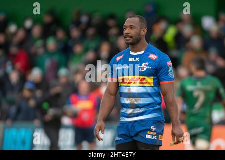 Galway, Irlanda. 26th Feb 2022. Sergeal Petersen di Stormers durante la partita United Rugby Championship Round 10 tra Connacht Rugby e DHL Stormers allo Sportsground di Galway, Irlanda, il 26 febbraio 2022 (Foto di Andrew SURMA/ Credit: Sipa USA/Alamy Live News Foto Stock