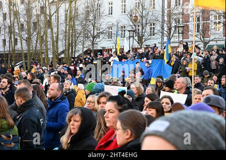 Folla di persone: Manifestazione contro le proteste belliche ad Aarhus, Danimarca, il 26 febbraio 2022. Mostra striscioni anti-guerra contro l'invasione russa di Ukra Foto Stock