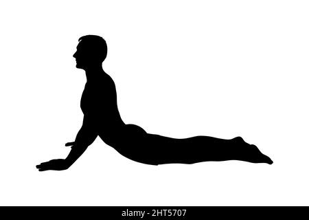 Yoga cobra posa o bhujangasana. Uomo silhouette praticare strengthing yoga posa. Illustrazione vettoriale isolata su sfondo bianco Illustrazione Vettoriale