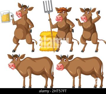 Set di diverse simpatiche mucche in stile cartoon illustrazione Illustrazione Vettoriale