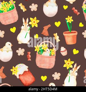 Modello Pasqua senza giunture. Torta, daffodil, uova, pollo, coniglietto. Acquerello illustrazione di pasqua. Isolato su sfondo marrone. Foto Stock