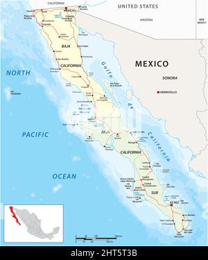 Mappa stradale vettoriale degli stati messicani di Baja California e Baja California Sud Illustrazione Vettoriale