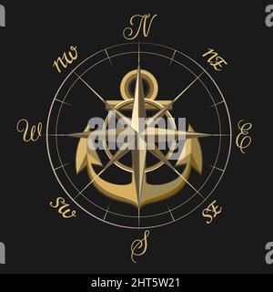 Bussola Vento rosa e nave Anchor navigazione emblema isolato su bianco. Illustrazione vettoriale. Illustrazione Vettoriale