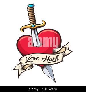 Tatuaggio colorato di cuore trafitto da Dagger e nastro con wording Love Hurts. Illustrazione vettoriale. Illustrazione Vettoriale
