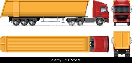 Modello vettoriale per autocarri semi-rimorchio su bianco per il branding dei veicoli, identità aziendale. Tutti gli elementi nei gruppi su livelli separati, facile modifica Illustrazione Vettoriale