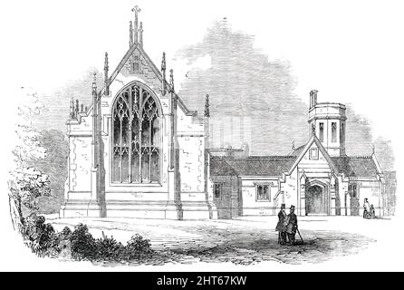 Cappella del consumo Hospital a Brompton, [Londra occidentale], 1850. 'Il contratto per la Cappella è stato preso dai sigg. Hopkins e Roberts. L'architetto di questa elegante cappella commemorativa è il Sig. E. B. Agnello. La sistemazione è per circa 200 fedeli [e] appositamente destinati all'uso dei pazienti dell'Ospedale...la Cappella è costituita da una navata, proiezioni transettali nord e sud, e coro. Le finiture interne della navata centrale sono suddivise in classi, le due prime file di posti a sedere ad est essendo destinate al comitato di gestione e funzionari dell'istituzione. Il sedile successivo Foto Stock