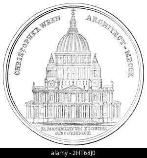 Reverse of the "Wren" Medal of the Art-Union of London, 1850. 'Commemorativo edale di Sir Christopher Wren, appena pubblicato dall'Art-Union di Londra...il rovescio porta il fronte ovest della Cattedrale di St. Paul, di MR. Benjamin Wyon, e considerato una delle rappresentazioni di maggior successo di un edificio su una medaglia mai raggiunto. La serie medallica, che illustra la storia dell'arte britannica (alla quale appartiene la Medaglia di Wren), è stata intrapresa dall'Art-Union allo scopo di dare incoraggiamento ad un'arte finora molto trascurata tra noi; e gli esemplari già emessi formano un meme prezioso Foto Stock