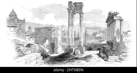 Il Foro Antico - Roma, 1850. Il Forum Romanum, originariamente un mercato, è una piazza rettangolare circondata dalle rovine di alcuni importanti edifici governativi antichi. Sulla sinistra si trova la Chiesa dei Santi Luca e Martina. Da "Illustrated London News", 1850. Foto Stock