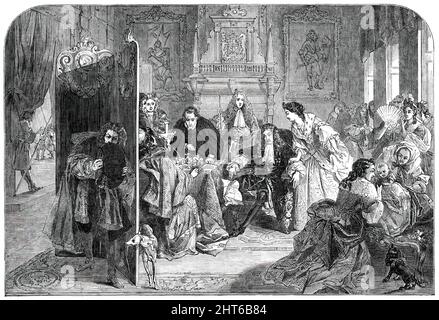 "Giacomo II, nel suo palazzo di Whitehall, ricevendo la notizia dell'atterraggio del Principe d'Orange nel 1688" - dipinto da E. M. Ward, A.R.A., 1850. Mostra alla Royal Academy di Londra. '"il re si palliò" dice Dalrymple, "e immobile; la lettera cadde dalla sua mano; i suoi errori passati, i suoi pericoli futuri, si precipitarono subito sui suoi pensieri; si sforzò di nascondere la sua turbazione, ma, facendo così, la tradì; e i suoi cortigiani, nell'interessarsi di non osservarlo, tradì quello che fecero." Anche se il sig. Ward ha trovato il suo soggetto nelle pagine asciutte di Dalrymple, lui Foto Stock