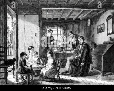 Royal Academy Exhibition - No. 597 - "contentment", dipinto da A. Rankley, 1850. "Un salotto di cottager". Interno con una famiglia al tavolo da tè; un giovane in abiti accademici guarda nostalgicamente verso i bambini contented seduti intorno ad un tavolo più piccolo. Da "Illustrated London News", 1850. Foto Stock