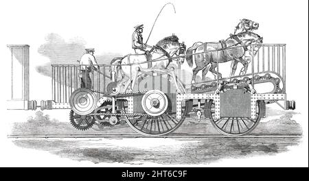 Il brevetto Impulsoria, 1850. "Questo ingegnoso mezzo di applicazione della potenza animale al funzionamento delle ferrovie, per sostituire il costoso motore locomotore, è stato recentemente inventato...la nuova macchina, il cui inventore è Signor Clemente Masserano di Pignerol, Piemonte, è stata portata dall'Italia in Inghilterra, E depositato presso il capolinea dei nove elmi della ferrovia sud-occidentale [a Londra]...consiste nell'introdurre gli animali in una sorta di pullman, chiamato Impulsoria, con cui trasmettono il loro potere di azione alle ruote di guida....i cavalli devono essere lavorati sempre al loro ritmo abituale, mentre t Foto Stock