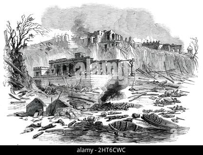 Un'esplosione eccezionale al traghetto Raj Ghaut, Benares, [India], 1850. '...una flotta di trentaquattro barche, carichi di depositi militari, composta da 16 pistole di ottone, 9000 turni di colpi e conchiglie...e 3000 barili di polvere da sparo, aveva messo a Raj Ghaut...una delle barche catturate il fuoco...ci devono essere stati almeno 400 uomini a bordo della flotta, Di cui solo 64 sono stati trovati...116 corpi morti sono stati scavati dalle rovine e sono stati tolti dall'acqua; e gli arti e le parti frantumate di esseri umani stessero sparsi lontano e largo...due dei principi di Delhi e la moglie del Principe Mirza Bolakee, sono stati schiacciati Foto Stock