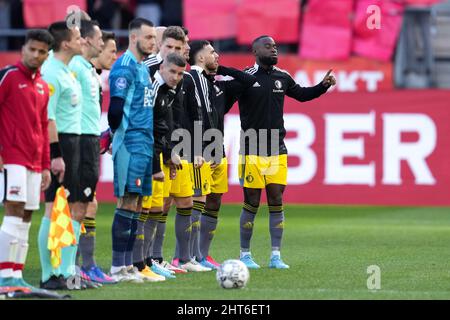 Alkmaar, Paesi Bassi. 27th Feb 2022. ALKMAAR, PAESI BASSI - FEBBRAIO 27: Feyenoord si allinea durante la partita olandese Eredivie tra AZ e Feyenoord allo stadio AFAS il 27 Febbraio 2022 ad Alkmaar, Paesi Bassi (Foto di Patrick Goosen/Orange Pictures) Credit: Orange Pics BV/Alamy Live News Foto Stock