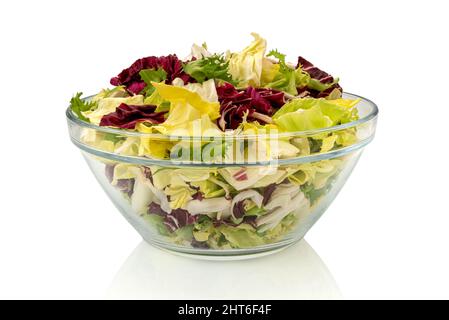 Insalata mista lascia lattuga, frisee, lattuga di agnello e radicchio in una ciotola di vetro, isolata su un percorso di taglio bianco Foto Stock