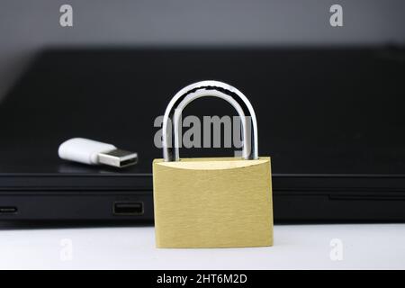 Il concetto di protezione della privacy dei dati viene mostrato utilizzando un dispositivo di blocco e archiviazione in metallo con un computer in background, Cybersafety Concept Foto Stock