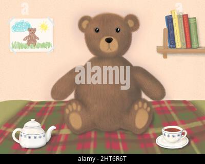 orsacchiotto seduto sul letto coperto di coperta con una tazza di tè e tè Foto Stock
