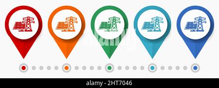 Set di icone vettoriali per il concetto di energia solare, puntatori rinnovabili per il design piatto, modello infografico facile da modificare Illustrazione Vettoriale
