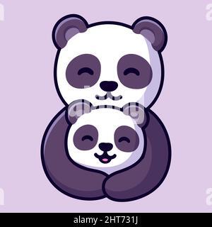 Carino cartoon panda mamma abbraccio cucciolo bambino, dolce orso famiglia disegno. Semplice illustrazione vettoriale di clip art, kawaii clip art. Biglietto di auguri per la Festa della mamma. Illustrazione Vettoriale