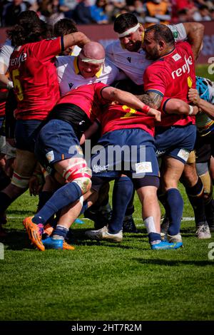 Madrid, Spagna. 27th Feb 2022. Campionato Europa di Rugby 2022 - Spagna vs Romania. Il Rugby Europe Championship 2022 fa parte del processo di qualificazione per la Coppa del mondo di Rugby 2023 in Francia. Stadio centrale Complutense, Madrid, Spagna. Credit: EnriquePSans / Alamy Live News Foto Stock